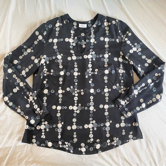 Akris Punto 100% Silk black button Long Sleeve Printed Blouse Size 10 medium - Picture 2 of 7